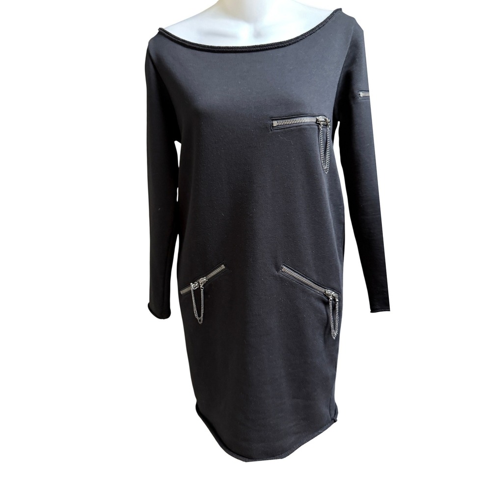 Alice + Olivia Black Zipper Chain Shift Dress Sweatshirt Mini XS Grunge Edgy